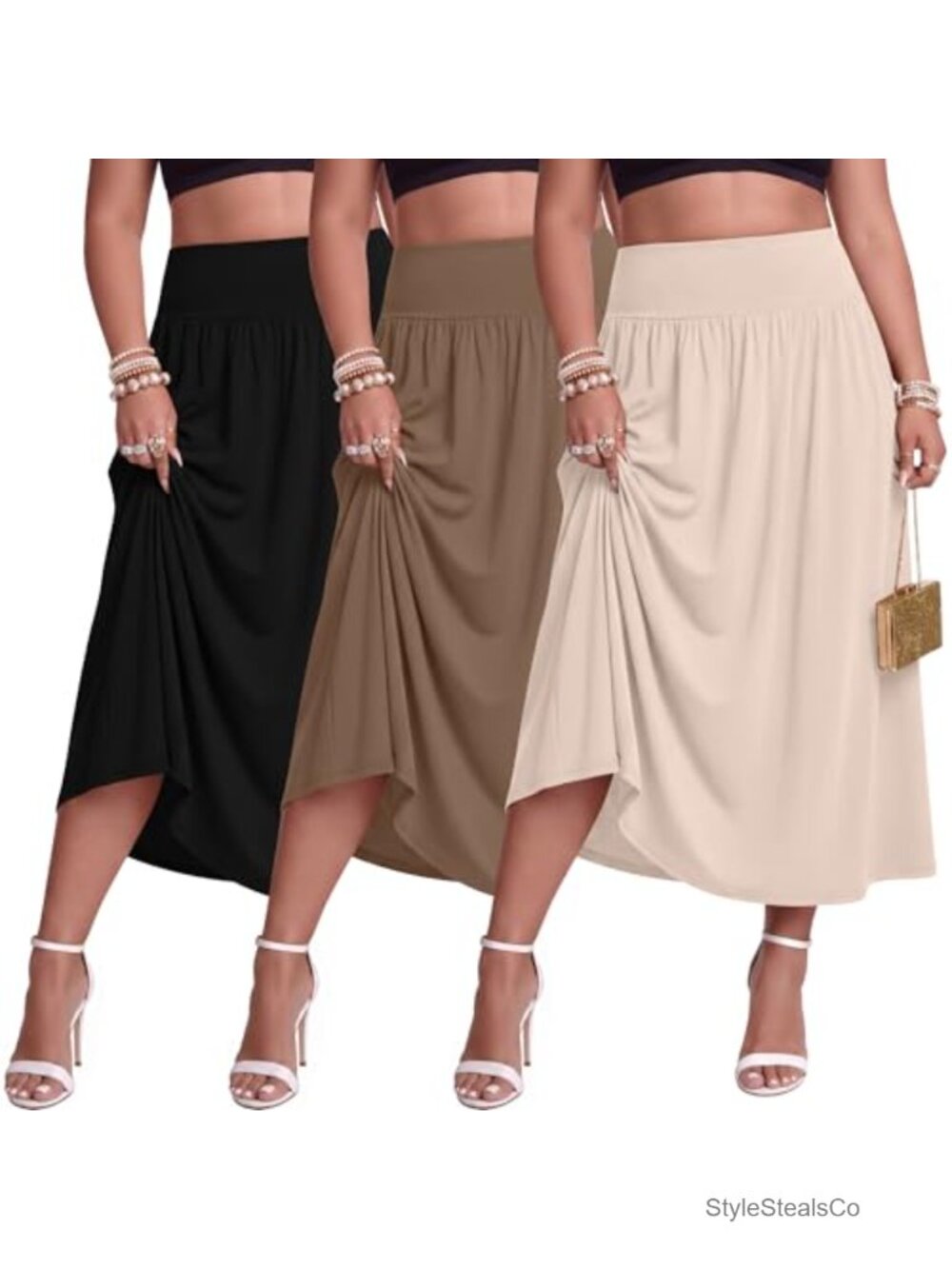 Plus Size Maxi Skirts with Pockets 3 Pack A-Line High Waist Boho